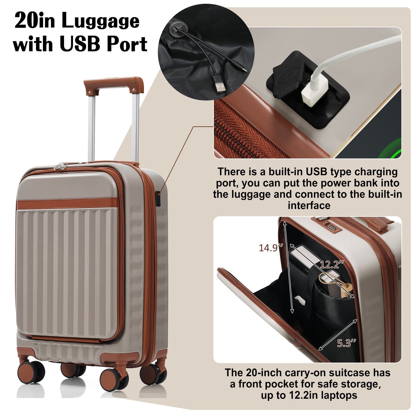 Luggage Set of 3, 20inch with USB Port, front opening design Airline