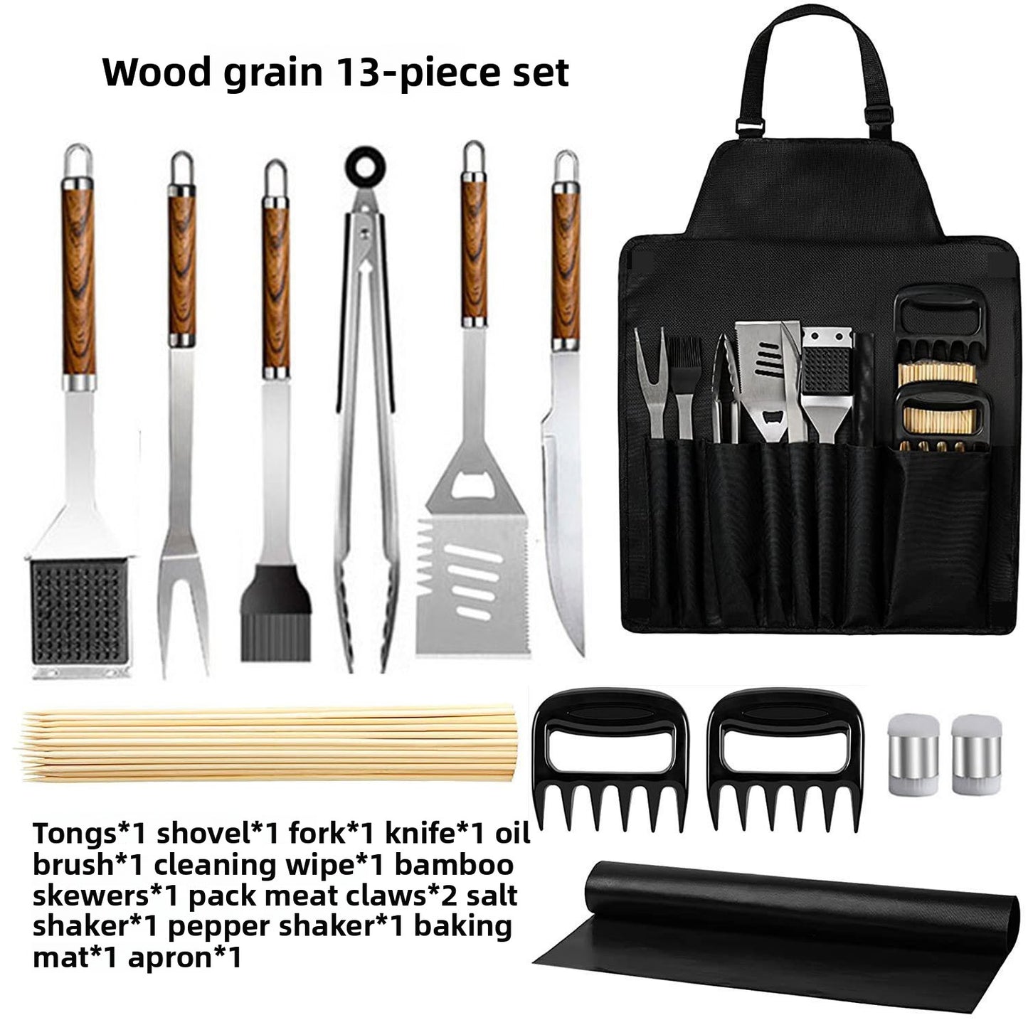 Barbecue Grill Set with Wood Handle and Apron