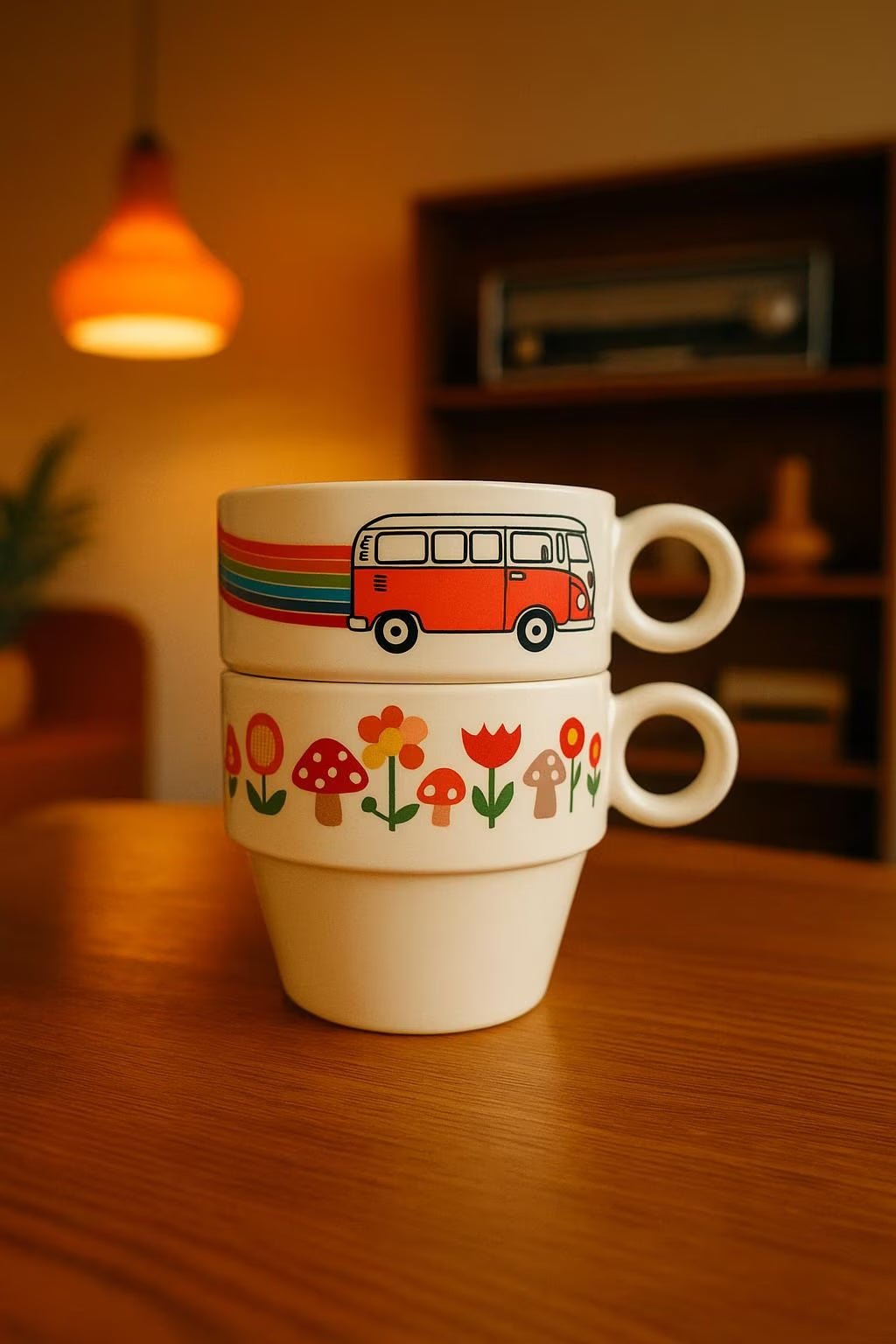 Ceramic Espresso Cups with Colorful Car and Rainbow Designs for Coffee