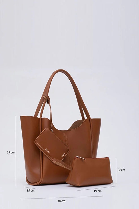 Tan SHK108 faux leather women hand and shoulder with wallet and makeup