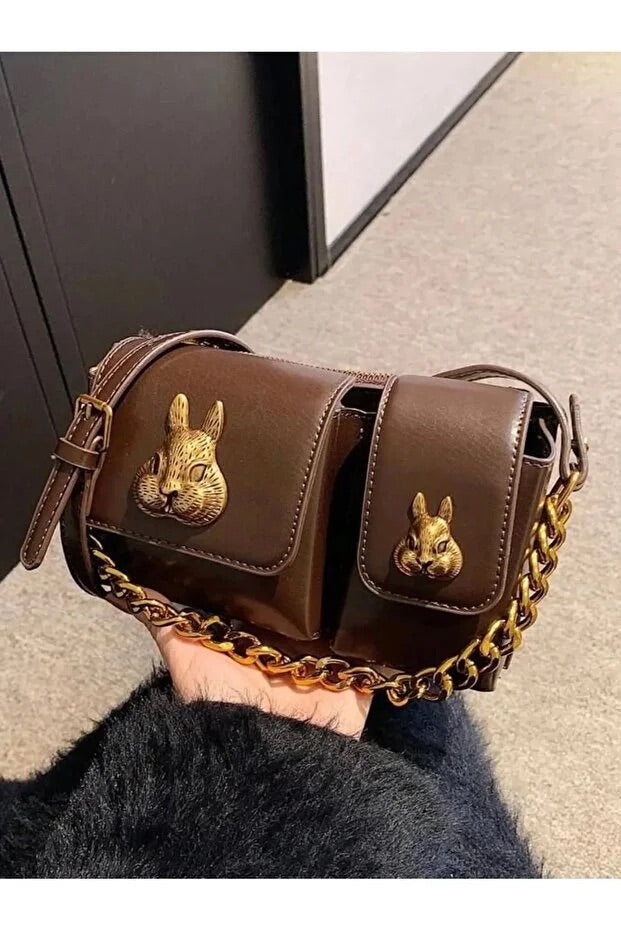 Women camel baguette squirrel accessory design stylish shoulder