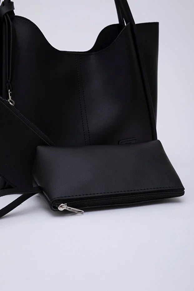 Black SHK108 faux leather women hand shoulder bag with wallet makeup