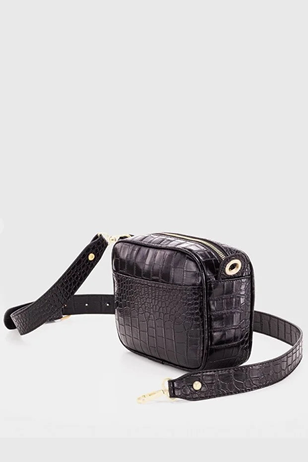Black Croc Embossed Crossbody Bag for Women