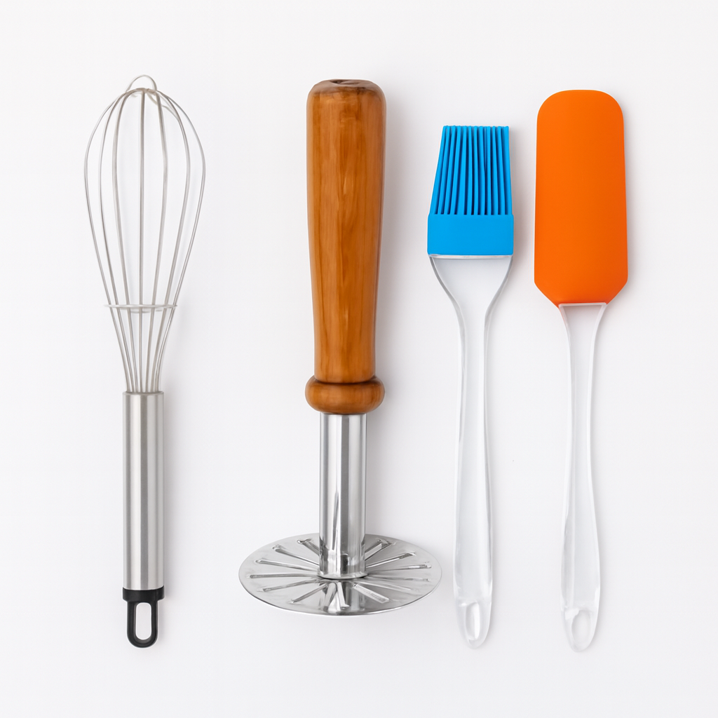 4-Piece Kitchen Utensil Set – Whisk, Potato Masher, Silicone Basting