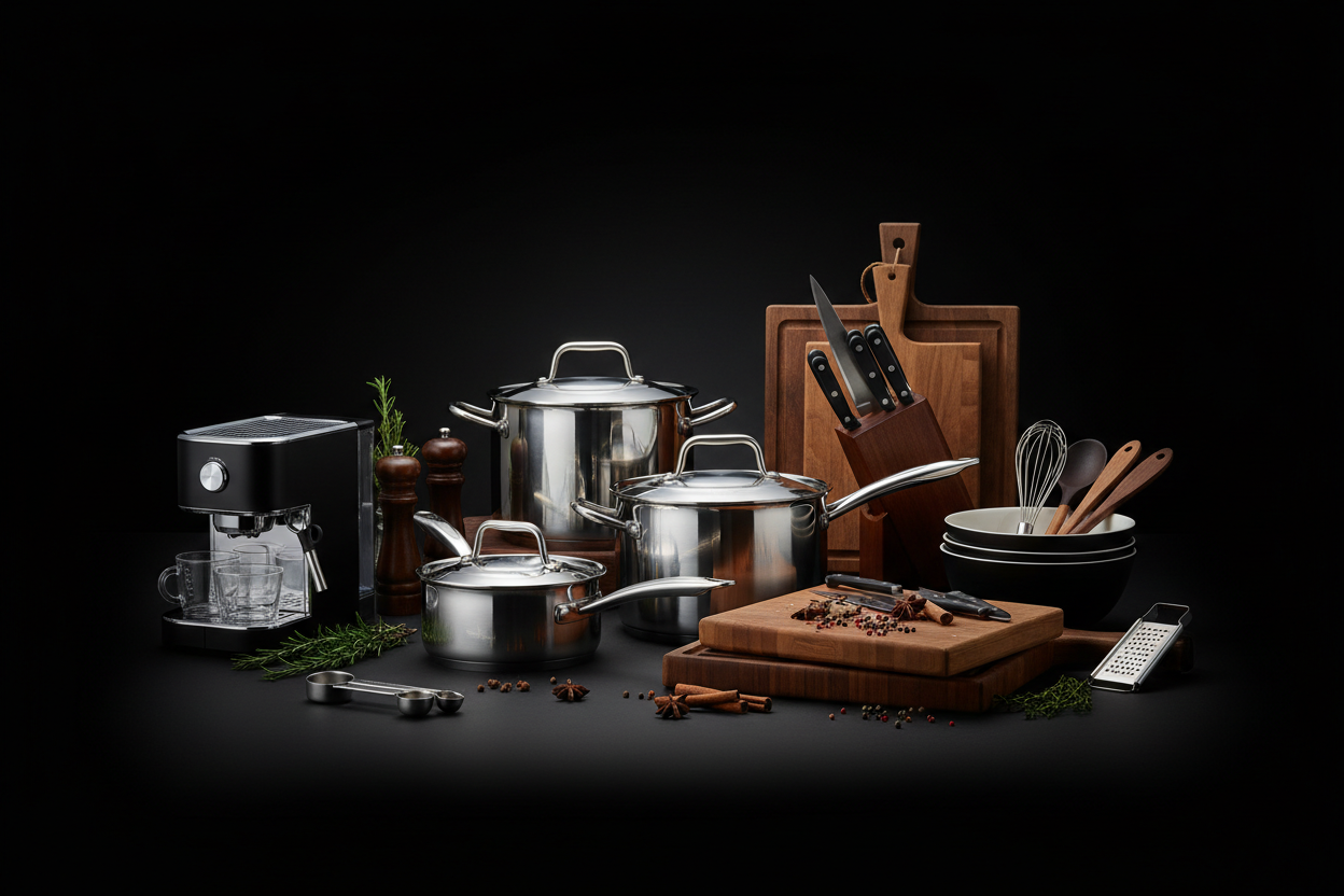 image of kitchen with diffrent accesories in black back ground