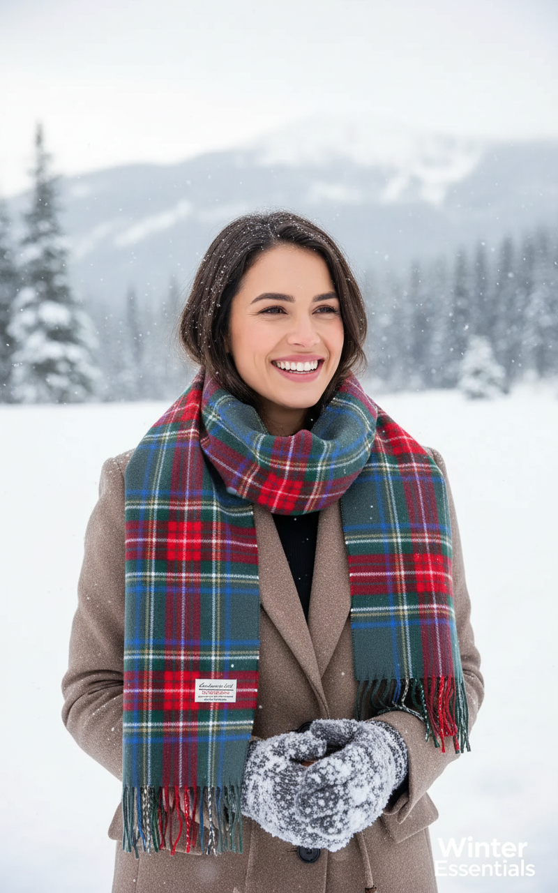 Cashmere Feel Plaid Scarf - Grey & Red Tartan with Tassel Fringe -