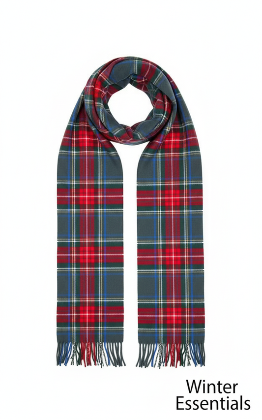 Cashmere Feel Plaid Scarf - Grey & Red Tartan with Tassel Fringe -