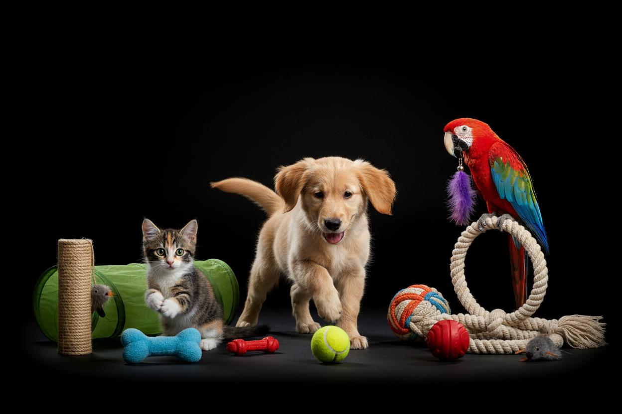 pets and toys with black background
